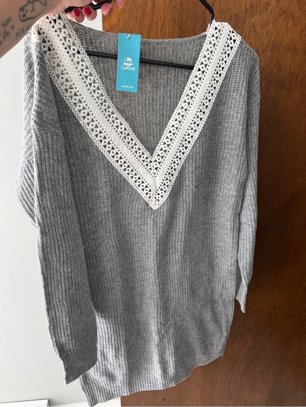 Cupshe Gray V-Neck Lace Trim Sweater Dress